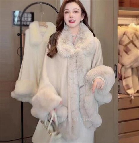 Womens Warm Rabbit Fur Collar Cape Jacket Coat Outwear Thicken Loose Winter Hot - Picture 2 of 15