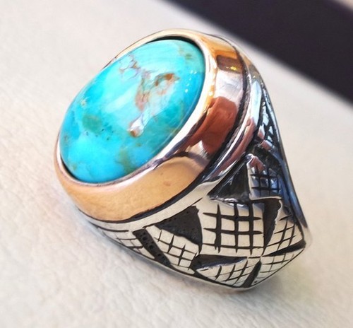 Solid 925 Sterling Silver Natural Arizona Turquoise Gemstone Wedding Men's Ring - Bild 3 von 10
