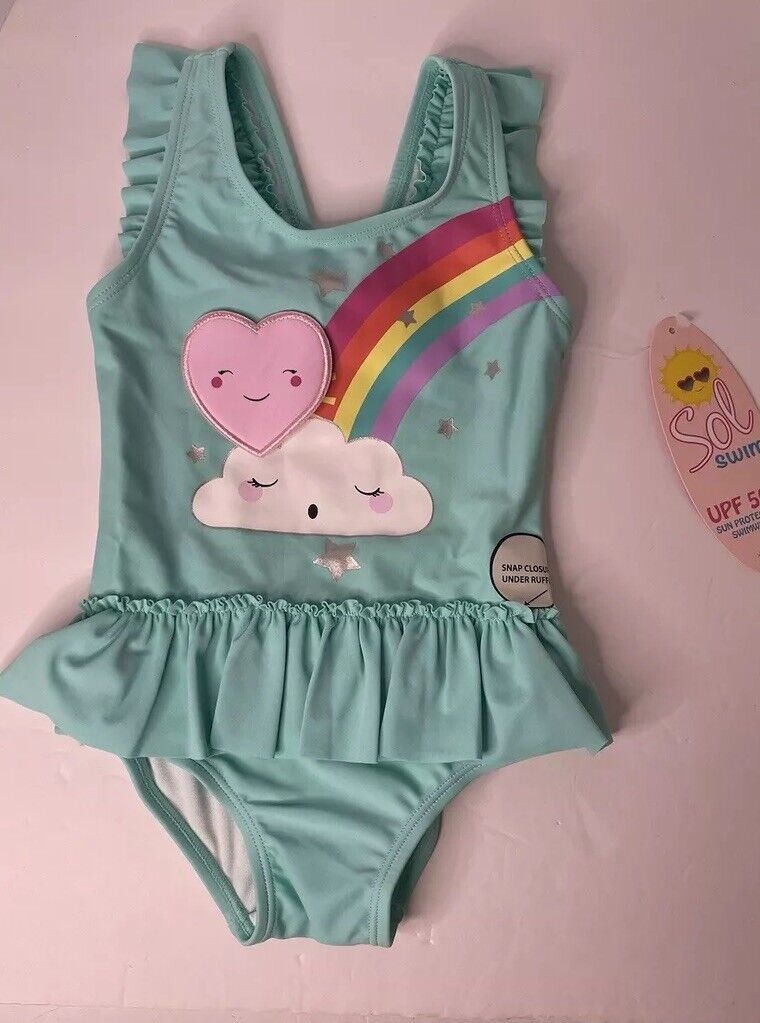 Lindo traje de baño para niñas pequeñas arco iris UPF50+ traje de baño con volantes brillantes 2T niño pequeño nuevo con etiquetas