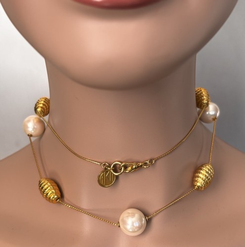 Anne Klein Long Gold Tone Beehive  Beads Floating Pearls Station Necklace Signed - Picture 6 of 6