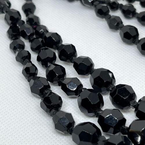 Vintage Chunky 3 Strand Black Bead Necklace w/ Rhinestone Clasp 17" - Picture 8 of 9