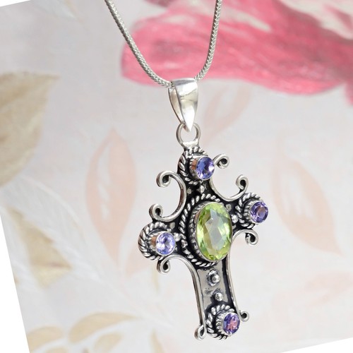 Faceted Peridot & Amethyst Cut Gemstone 925 Sterling Silver Cross Big Pendant - Picture 2 of 8