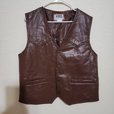 Duke Haband Men Medium Brown Motorcycle Snap Button Genuine Leather Vest