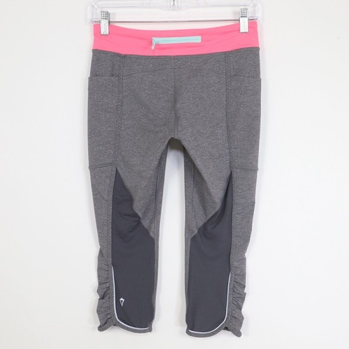 ivivva Leggings Girls 14 Crop Gray Pink Ruched Side Pockets Mesh Panel Running - Picture 4 of 7