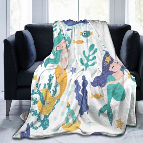 Mermaid Fish Coral Adult Kids Cozy Flannel Sofa Throw Bedspread Blanket Gift - Picture 7 of 26