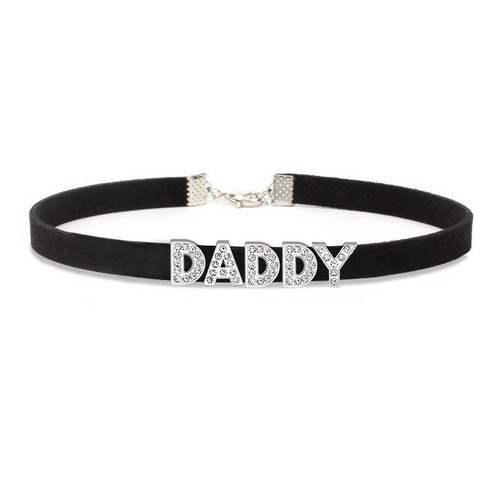Rhinestone Letter Daddy Necklace Black Soft Leather Choker Sexy Neck Collar - Picture 33 of 49