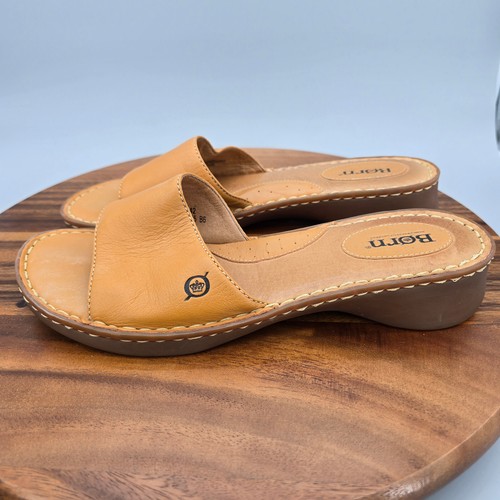 Sandali Born donna 10 M pelle marrone marrone chiaro comodi slip on zeppa slide - Foto 3 di 8