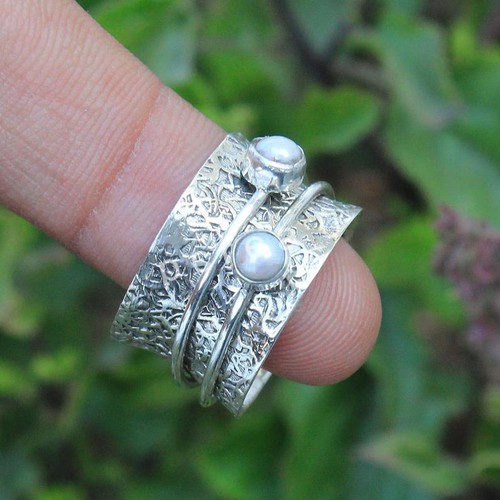 Pearl Spinner ring, 925 Sterling silver meditation ring Valentine's day gift V18 - Picture 1 of 3