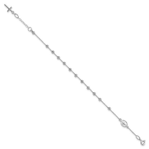14K Solid White Gold Cross Our Lady of Miraculous Medal Charm Bracelet - Picture 3 of 12
