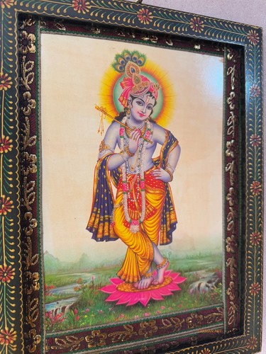 Vecchia foto Krishna con cornice dipinta a mano, cornice da appendere a parete - 9 x 12" - Foto 6 di 10