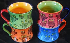 Set of 4 RETRO OWL MUGS Hand Painted PIER 1 Stoneware MULTI COLOR Stackable 
