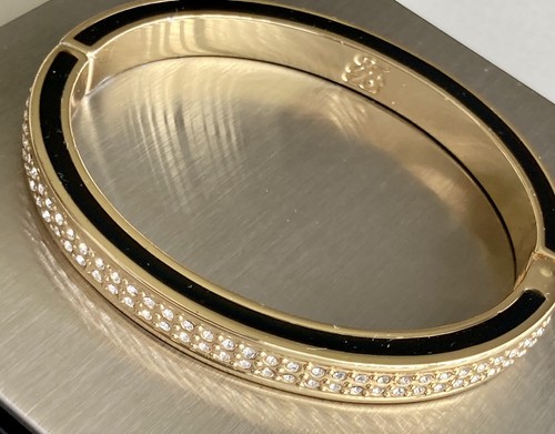 Gold Tone Hinged Bangle Bracelet with Rhinestones & Black Enamel 53g 7in Ladies - Picture 17 of 18