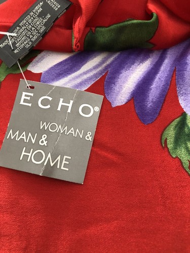Womens NWT ECHO Red Floral Silk Scarf $48 30x30 Square NEW - Picture 2 of 3