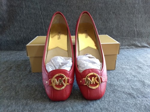 Michael Kors Leather Ballet Flat Shoes Fulton Red Gold MK Logo Womens 9M NEW - Picture 2 of 19