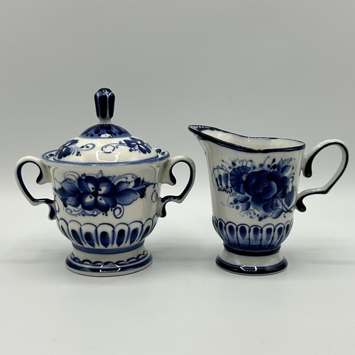Porcelain Bowl Handles Flo Blue Rose Lily Of Valley Flower Creamer Gzhel Russia - Picture 14 of 14