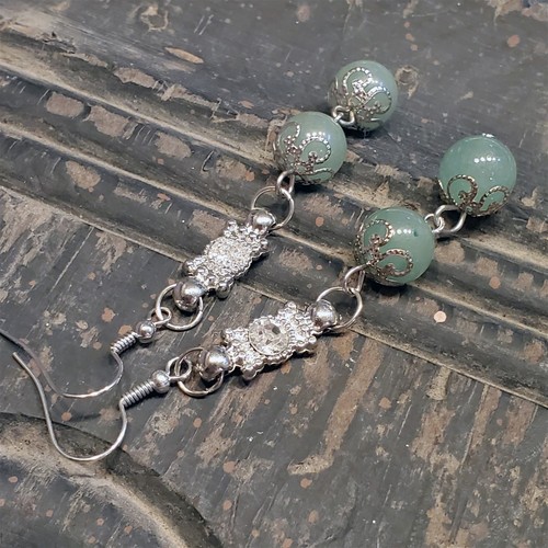 Malaysia Jade Gemstone Lacy Silver Clear Crystal Dangle Earrings - Picture 1 of 10