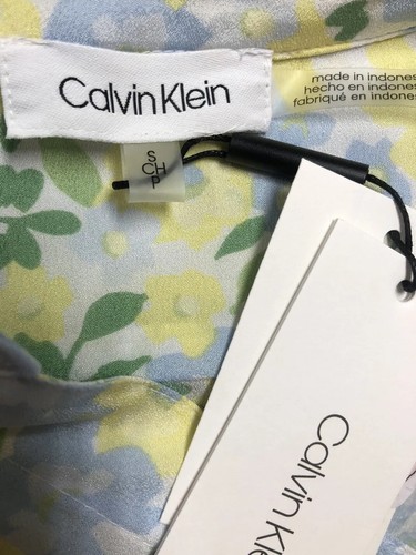 Calvin Klein Women Blouse Shirt Top Small Long Roll Tab Sleeve Floral Green New - Picture 10 of 12