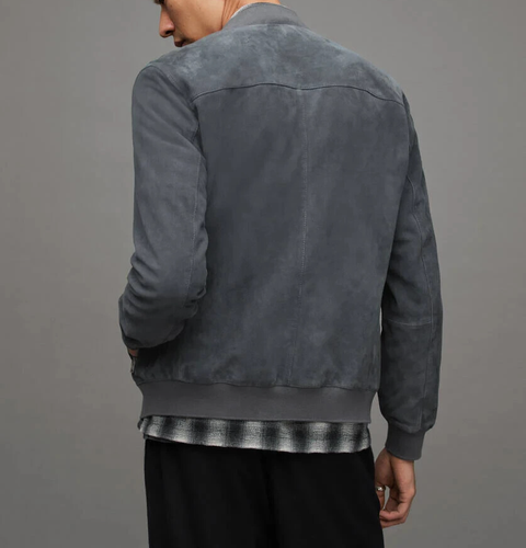 Mens Dark Grey leather Trucker jacket pure suede slim fit bomber biker jackets S - Picture 3 of 4
