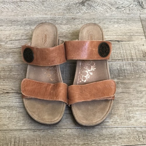Aetrex Light Brown Leather Adjustable Strap Open Toe Wedge Slide Sandals Sz 10
