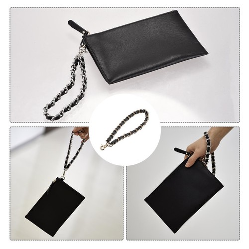 Leather Wristlet Strap, 8" Hand Wrist Lanyard Bag Key Chain Holder, Black+Gold - Picture 6 of 7