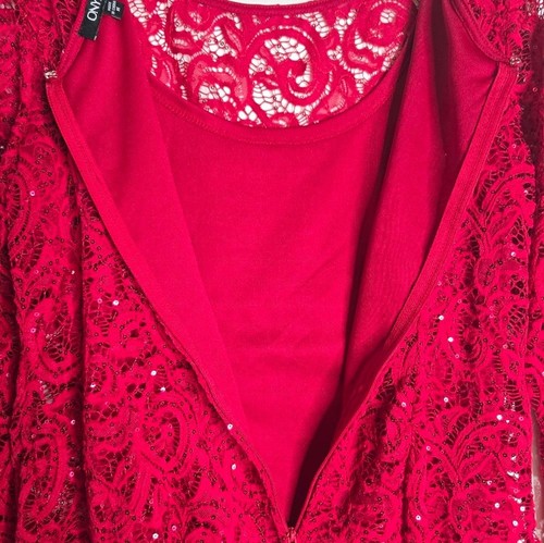 Onyx Nite elegant Red Lace Top blouse size M Valentines Day sequin 3/4 sleeves - Picture 7 of 7