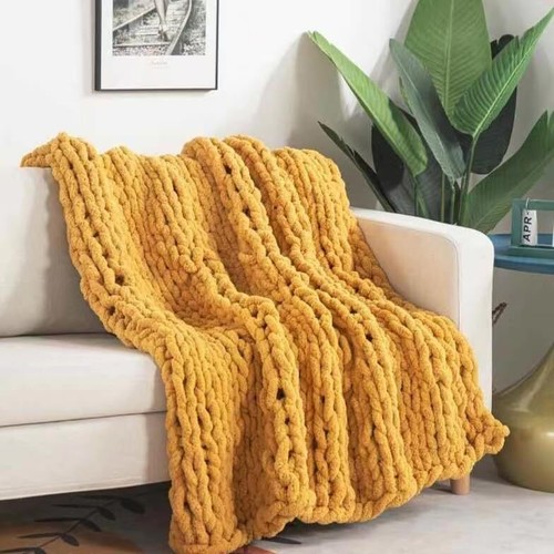 Chunky Knit Blanket Throw 40"×40", Hand 40"x40" (Small Size Throw) Yellow - Picture 2 of 7