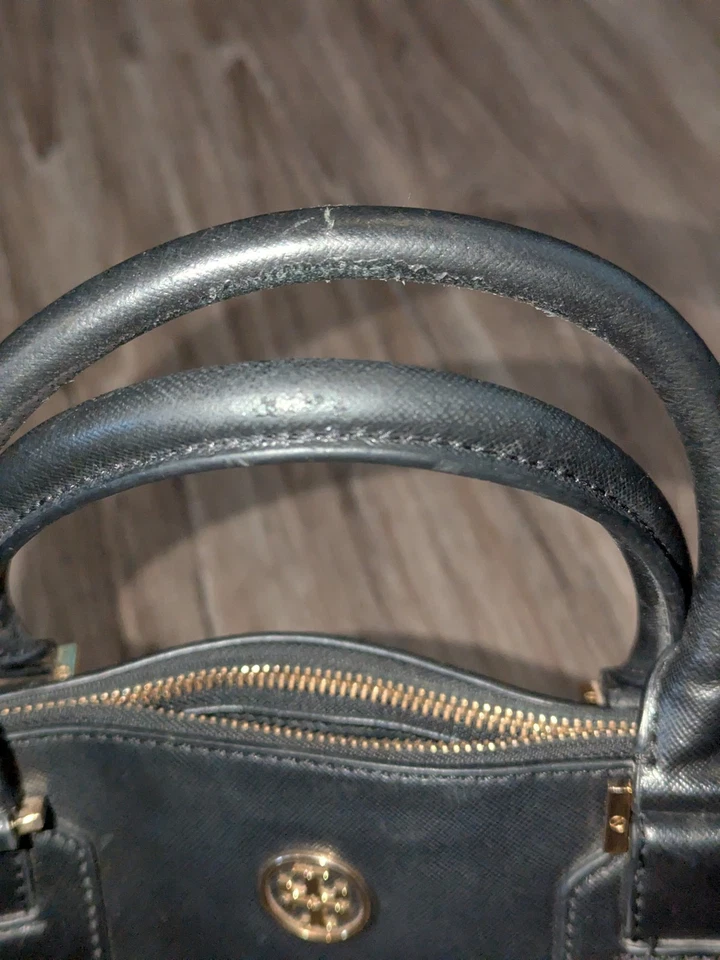 Tory Burch Robinson Double Zip Tote Bag Black Saffiano Leather Gold Trim Purse - Image 4 of 4