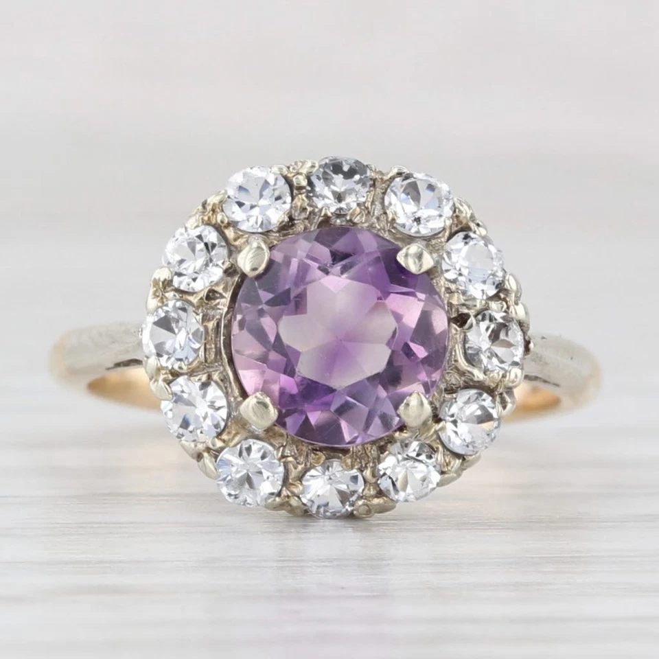 Anillo Halo Vidrio Amatista Vintage 1.15ct Oro Amarillo Blanco 9k Talla 5.5 Foto 2 de 4