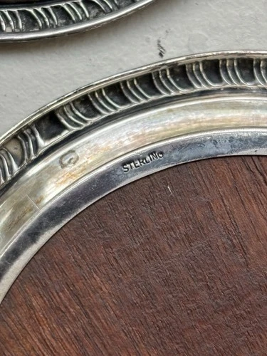Set Of 5 Vintage Sterling Trivets With Wood Centers 925 3.70” Wide image 8