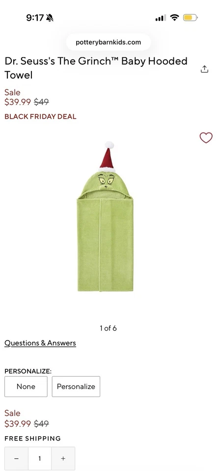 Pottery Barn Kids Dr. Seuss The Grinch 婴儿连帽毛巾 圣诞节 — 第 2/4 张图片