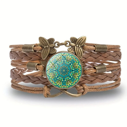 Pulsera envolvente vintage de cúpula de vidrio con flor de mandala marrón tejido multicapa - Imagen 21 de 25