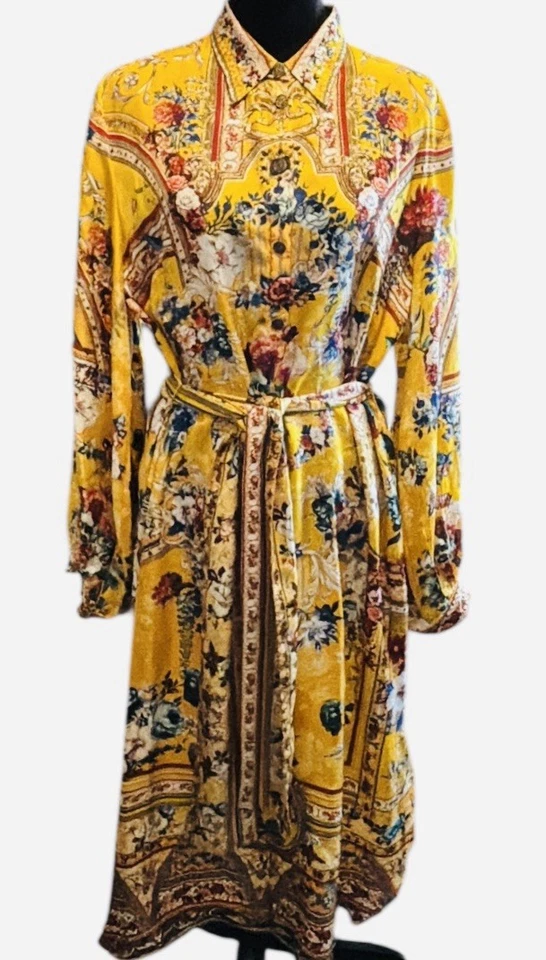 NWT $875 CAMILLA Waist Tie Shirt Dress Crowned Roses Yellow 100% Silk L - Image 2 of 4