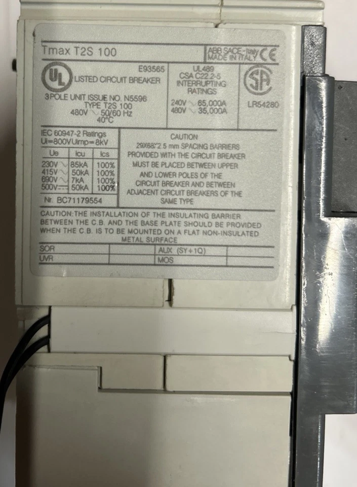 ABB Tmax T2S 100A 3P 3PH 480V Industrial Circuit Breaker With PR221D Trip Unit - Image 4 of 4