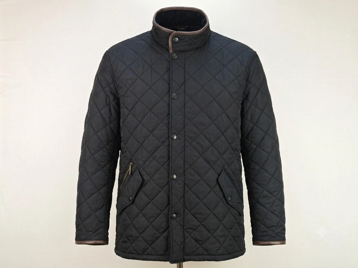 Barbour Powell Quilted Jacket Men’s Black Leather Trim Coat XXL Classic Country