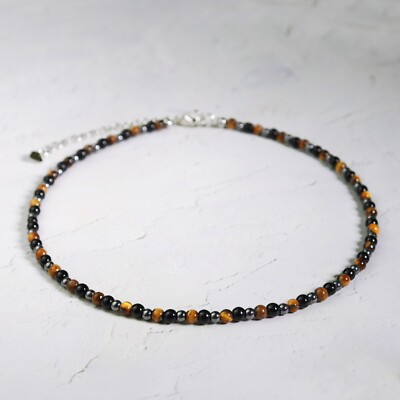 Natural Triple Protection Hematite Black Obsidian Tiger's Eye Stone Beads Choker