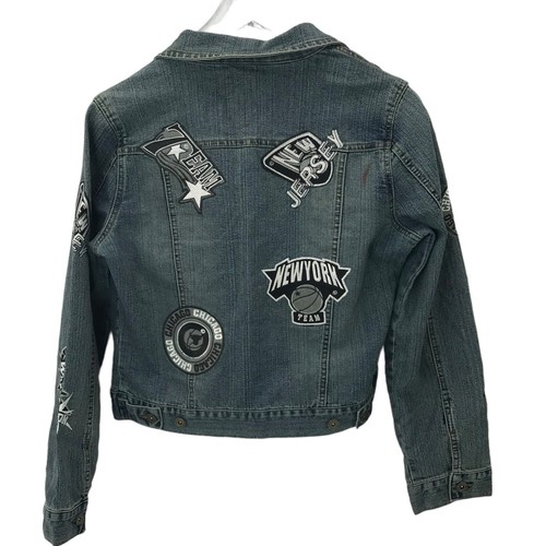 LE MORE Women Denim Jacket NBA Basketball Streetwear  Patches Y2K 90s Crop LARGE - Picture 10 of 12
