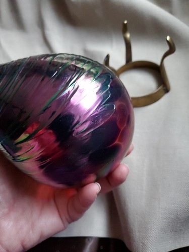 Vtg Hand Blown 6"Art Glass Iridescent Oil Lamp Unmarked Gatco Solid Brass Stand  - Picture 9 of 14