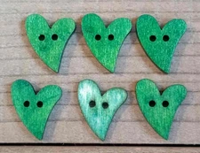 6 Green Heart Sewing Buttons Crafting Flat Wood 2 Hole .75" 
