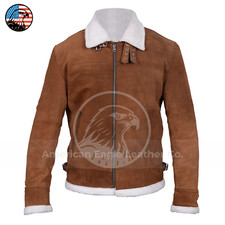 Mens Brown Suede Shearling B3 Bomber Aviator Leather Jacket Vintage Pilot Coat
