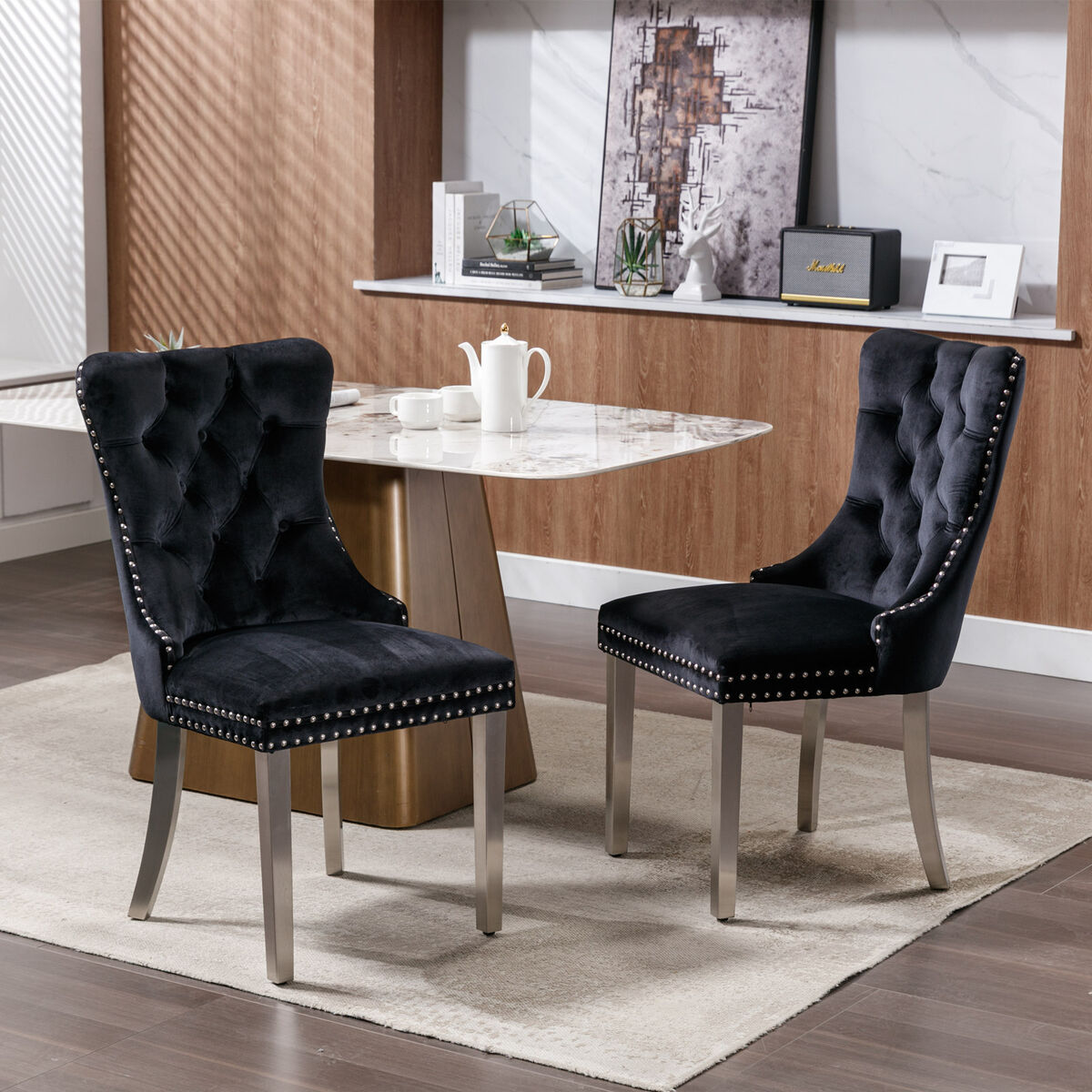 2X Black Velvet Upholstered Dining Chairs Nailhead Trim Stainless Steel Legs NEW eBay
