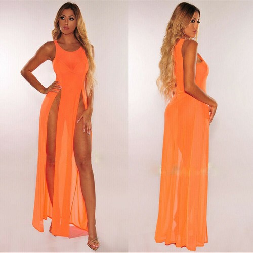 Plus Size Womens See Through Sleeveless High Slit Dress Maxi Long Beach Cover Up - Picture 4 of 14
