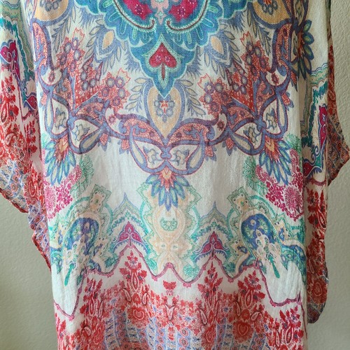 Blusa Poncho Blusa Túnica Chico's Mujer Cachemira L/XL 100% Lino Colorido Arte Para Usar - Imagen 8 de 12