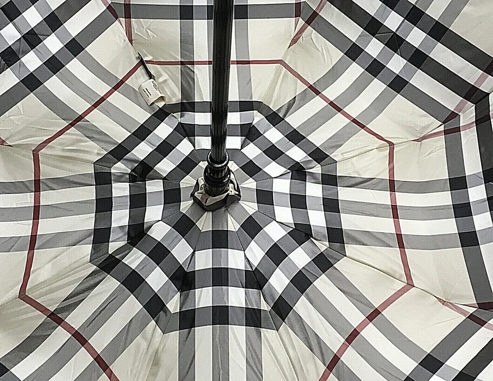 Guarda-chuva unissex Burberry cinza com forro quadriculado couro alça preta original - Imagem 3 de 4