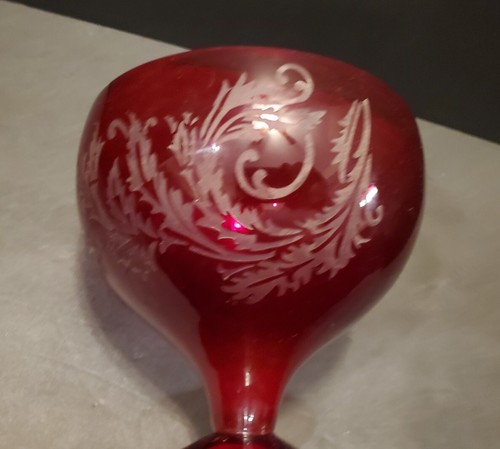 Böhmisch Rubinrot Handgeschliffen auf klarem Kristall Vintage Kompott Kelch Glas Bonboniere - Bild 13 von 17