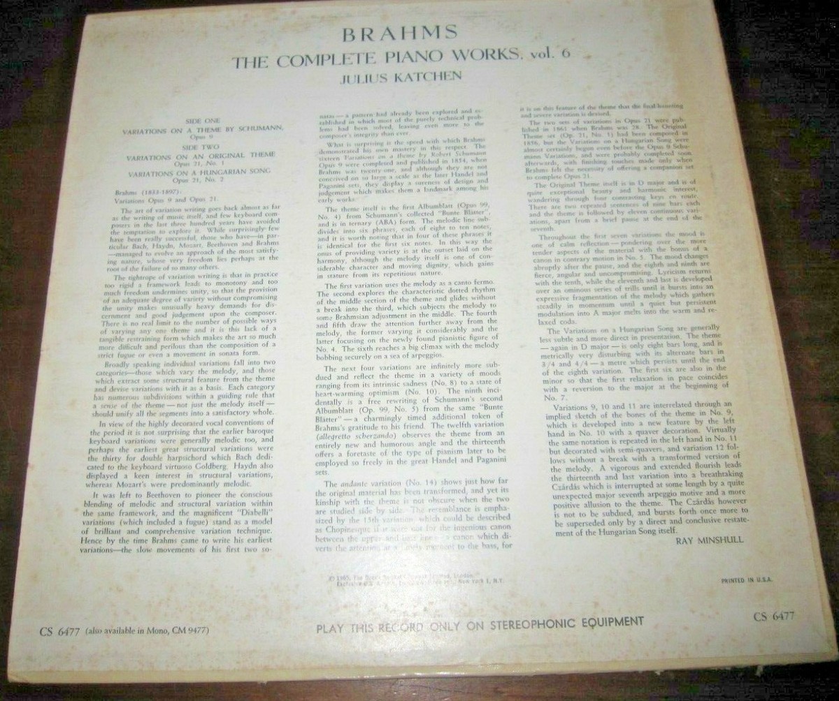 Brahms The Complete Piano works Vol. 6 Julius Katchen Vinyl CS