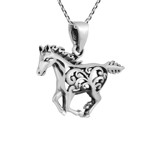 Running Freedom Horse with Filigree Accents Sterling Silver Pendant Necklace - Picture 2 of 6