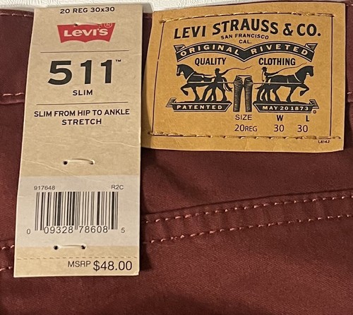 NEW Levi's 511 Men’s Jeans 30 X 30 Red Slim Straight Stretch Denim Pants - Picture 8 of 8