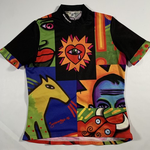 Vintage 90er Sugoi Joe Durchschnitt 1997 Pop Art Damen Medium Radtrikot