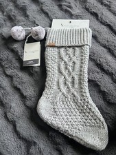 Koolaburra by Ugg Christmas Stocking Grey Cable Knit Faux Fur Pom Poms 21" NWT