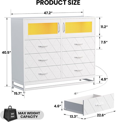 New 6 Drawer Dresser for Bedroom, Wooden Double Dresser with LED Lights White - Picture 4 of 8